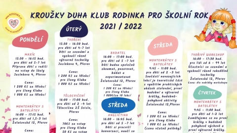 Kroužky Duha Klub Rodinka pro školní rok 2021 / 2022 