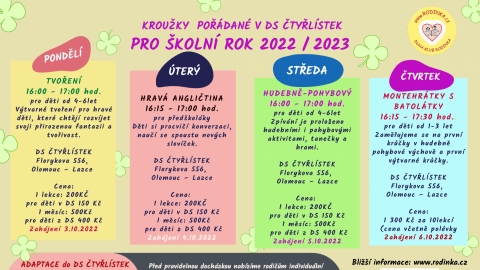 Kroužky pro školní rok 2022 - 2023 - Olomouc